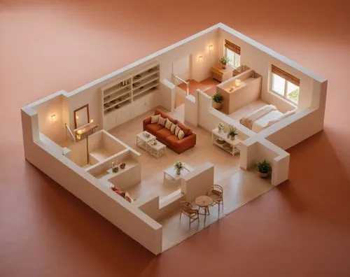 3D Floor plan, Modern home,a top down view of a small open concept house,miniature house,an apartment,dolls houses,model house,dollhouses,apartment,Photography,General,Realistic