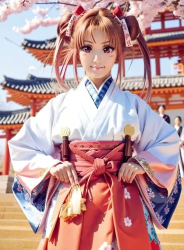 idol, cosplay, girl, japanese clothes, solo, twintails, hands on hips, miko, hair ribbon,  hakama, pink hair, smile, brown hair, looking at viewer, red hakama, ,an oriental woman in traditional clothi