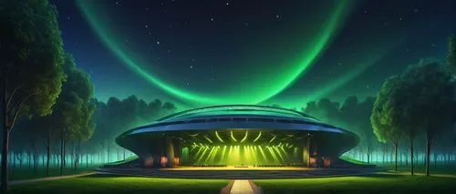 musical dome,planetarium,planetariums,ufo interior,ufo,green aurora,auroral,auroras,skydome,fulldome,ringworld,gazebos,globen,auroraboralis,aurorae,alien ship,round hut,futuristic landscape,spiegeltent,ufos,Illustration,Realistic Fantasy,Realistic Fantasy 26