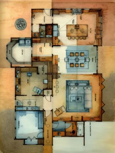 bring life and color to the floor plan, watercolor,an architectural drawing showing the plans for a house,house drawing,floorplans,floorplan home,floorplan,house floorplan,habitaciones,Illustration,Pa