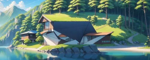 house with lake,house in mountains,dreamhouse,house in the mountains,house in the forest,butka,little house,lonely house,house by the water,watermill,summer cottage,boathouse,forest house,water mill,snow house,small house,floating huts,houseboat,wooden house,cottage,Anime,Anime,Realistic