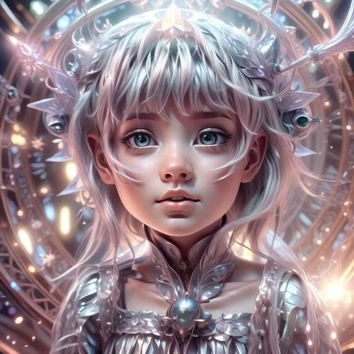 fantasy portrait,mystical portrait of a girl,valerian,bjork,aura,fantasy art,silver,world digital painting,echo,digital art,fae,child fairy,crystalline,luminous,gemini,aurora,cg artwork,cyborg,sci fiction illustration,digital painting