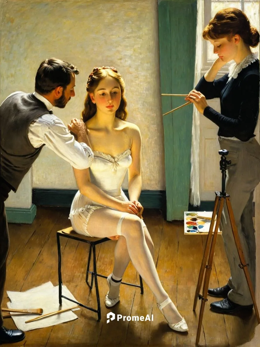 A model is being prepared by Edgar Degas for the next painting.,painting of a young woman sitting with a young man,muyres,daines,caning,woman playing,salon,vettriano,Art,Classical Oil Painting,Classic