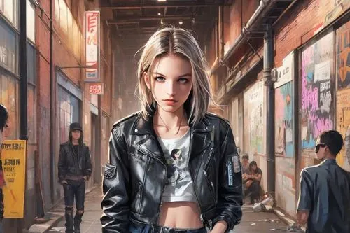 punk,anime japanese clothing,leather jacket,girl in a long,girl walking away,world digital painting,fashion street,fashionable girl,grunge,blonde girl,the girl at the station,teens,blond girl,the girl