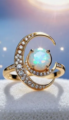 nhẫnTrăng khuyết huyền bí: Opal hình trăng khuyết, đính kim cương nhỏ tạo sự lấp lánh.trên nền nhung trắng ,circular ring,diamond ring,colorful ring,golden ring,ring jewelry,snow ring,moonstone,ring w