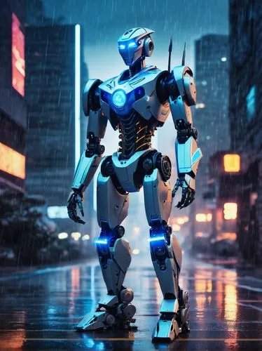 Futuristic robot, SDXL 1.0 model, metallic silver body, glowing blue circuits, sleek aerodynamic design, sharp angular limbs, bright LED eyes, intricate mechanical details, urban cityscape background,