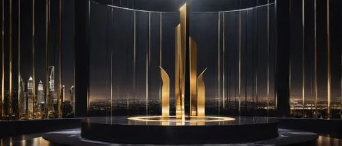 Modern architectural design award, golden trophy, sleek lines, luxurious black base, LED lights, circular stage, prestigious ceremony, evening event, sophisticated audience, cityscape backdrop, skyscr