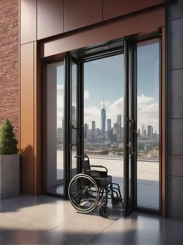 Accessible building, wheelchair user, ramps, elevators, wide doors, adapted bathroom, grab bars, non-slippery floor, Braille signage, audio announcements, induction loop system, natural lighting, open