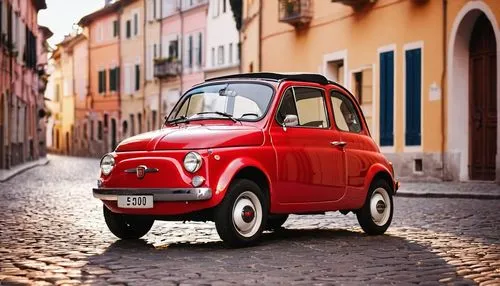 Fiat 500, vintage car, shiny red body, sleek design, white racing stripes, tiny headlights, rounded hood, cute front grille, soft-top convertible, parked on a cobblestone street, old town, Europe, aft