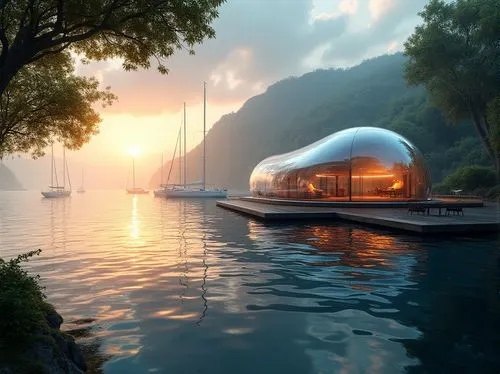 floating huts,houseboat,futuristic architecture,cube stilt houses,futuristic landscape,houseboats,fishing tent,house by the water,electrohome,cubic house,pool house,floating island,inverted cottage,island suspended,floating islands,floating stage,seasteading,3d rendering,etfe,mirror house,Photography,General,Realistic