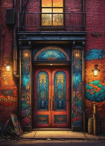 Counterculture architecture, colorful graffiti, eclectic mix of vintage and modern elements, ornate wooden doors, psychedelic patterns, stained glass windows, vibrant murals, industrial pipes, exposed