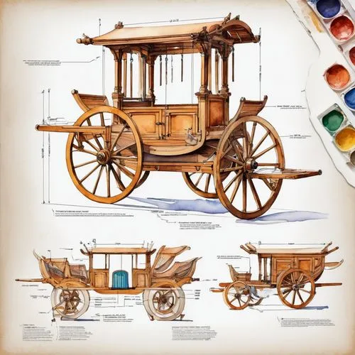 (watercolor:1.2) detailed concept sketch of a kalesa, multiple views, (fabrication drawings:1.2) with measurements and notes,wooden wagon,wooden carriage,covered wagon,straw cart,straw carts,wooden ca