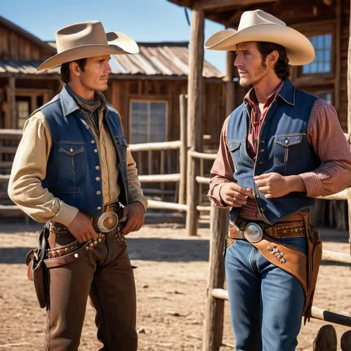 Create an ultra-realistic scene of two cowboys engaged in conversation in a rustic, Western setting. Both cowboys are dressed in traditional Western attire, including hats, boots, and jeans. One cowbo