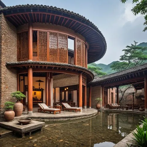 there is a building that looks like a round pool,asian architecture,suzhou,baan,oriental,beautiful home,wuzhen,Photography,General,Realistic