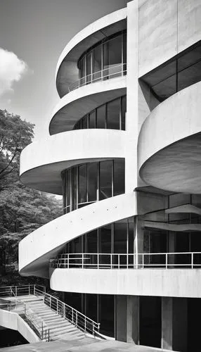 Modern architecture, historical building, Guggenheim Museum, white spiral staircase, glass ceiling, natural light, urban cityscape, skyscrapers, steel frames, concrete structures, brutalist style, fun