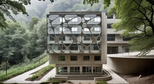 a building surrounded by trees with circular shapes on the front,appartment building,ludwig erhard haus,eisenman,apartment building,hejduk,kornhaus