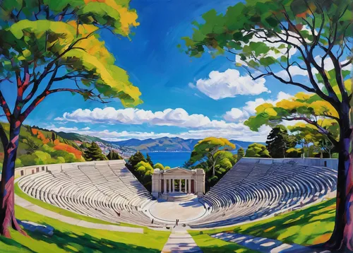 ancient olympia,ancient greek temple,ancient theatre,roman theatre,ephesus,amphitheater,amphitheatre,athenian,greek temple,hellas,palace of knossos,school of athens,hellenic,paestum,bouleuterion,greece,temple of hercules,coliseum,athens,acropolis,Conceptual Art,Oil color,Oil Color 25