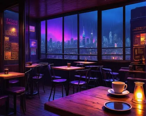 neon coffee,new york restaurant,coffee shop,the coffee shop,coffeehouse,evening atmosphere,neon tea,japanese restaurant,paris cafe,coffee background,shanghai,cityscape,purple wallpaper,kowloon,chongqing,unique bar,hong kong,cafe,a restaurant,bistro,Illustration,Japanese style,Japanese Style 21