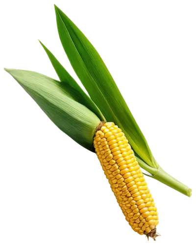 Golden corn, yellow kernels, green husk, slightly open leaves, natural light, warm color tone, shallow depth of field, 3/4 composition, realistic texture, detailed rendering, cinematic lighting, solo,