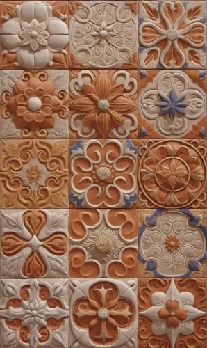 an orange and white tile design on the wall,terracotta tiles,patterned wood decoration,clay tile,almond tiles,azulejos,ceramic tile,Photography,General,Realistic