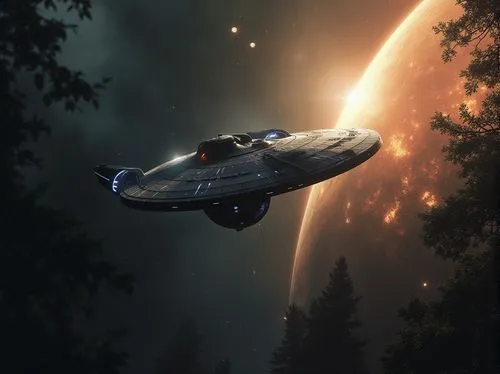 USS Enterprise NCC-1701, crashing violently nose-diving its front into a planet surface, crashing  forest,a large alien ship flying through the sky,delamar,cardassia,fdl,enterprise,uss voyager,voyager