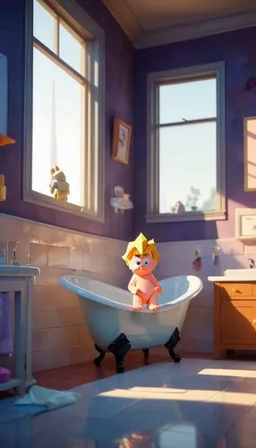 the little girl's room,banyo,the girl in the bathtub,girl in the kitchen,star kitchen,morning light,Unique,3D,Low Poly