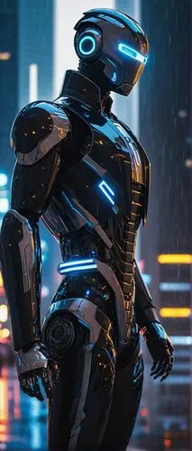 Cyberpunk themed, futuristic cityscape, sleek skyscraper, metallic reflective glass, neon lights, agent AI, humanoid robot, chrome limbs, glowing blue eyes, circuit board patterned skin, black leather