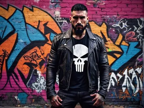 Muscular man, Punisher, intense facial expression, Tribal tattoo on arms, chest, back, bold black lines, vibrant colors, ripped biceps, strong jawline, short hair, beard, bandana, leather jacket, ripp