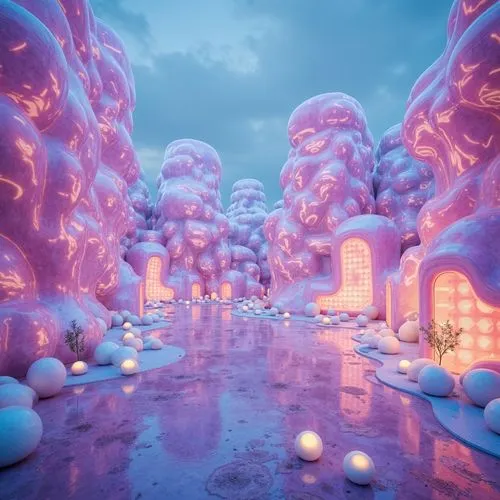 mushroom landscape,3d fantasy,fractal environment,3d render,futuristic landscape,ice castle,ice planet,alien world,fairy world,fairy village,ice landscape,virtual landscape,fairy forest,ice cave,candyland,mushroom island,voxels,igloos,fantasy landscape,shaders