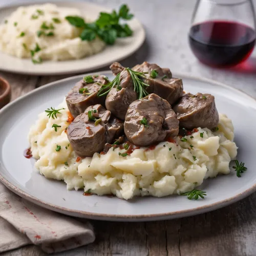 Lunch in a plate of livers in wine on a bed of mashed potato,spätzle,sauerbraten,beef bourguignon,beef stroganoff,liver and onions,slovakian cuisine,czech cuisine,coq au vin,lamb meat,kükchen,hungaria