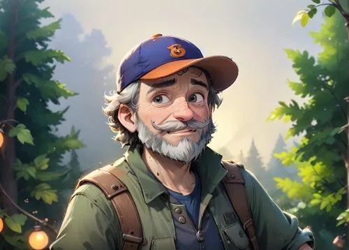 A 50 year old man, he is a forester, he is wearing an orange cap with a logo on it, his beard is greay and chesnuts colored, he is wearing forester clothes green and brown colored, he has a few rickle