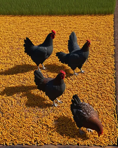 chickens, farming simulator 22, pecking, grain feed, corn, wheat, barley, soybeans, seeds, farm environment, barnyard, coop, feeding trough, scattered feed on ground, free-range, pecking motion, feath