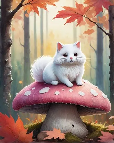 white cat,autumn cupcake,autumn background,forest mushroom,tea party cat,toadstool,mushroom landscape,cute cat,forest animal,whimsical animals,fall animals,in the autumn,little cat,pomeranian,birman,autumn mood,turkish van,tree mushroom,cartoon cat,autumn day,Art,Artistic Painting,Artistic Painting 29