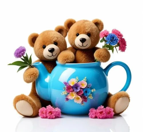 two teddy bears with flowers sitting in a vase,flowers png,3d teddy,teddies,teddy bears,cute bear,teddybears