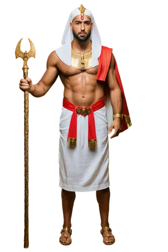 Pharaoh, ancient Egypt, powerful, muscular, golden headdress, thick beard, detailed eyes, golden jewelry, ornate collar, white linen robe, red sash, sandals, staff in hand, standing, majestic, strong 