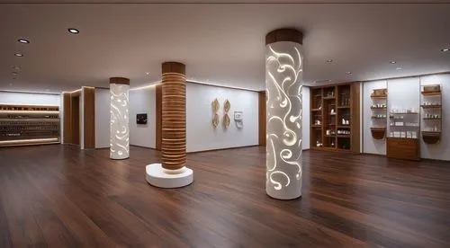 Cosmetic pop-up store design, glossy concrete floor, curved indirect lighting on the ceiling,art gallery,gallery,interior decoration,patterned wood decoration,search interior solutions,decorative art,