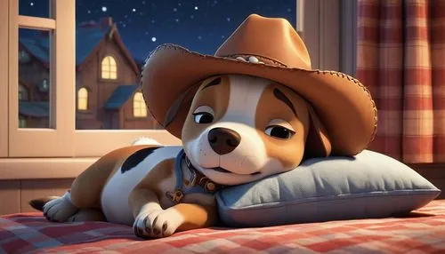 A cute cowboy Dog, round big head, closed eyes, stomach laying on the bed, sleeping in bedroom at night, Sabandar Cowboy Town outside window at night,  Pixar style,toy's story,toy story,beagador,jack 