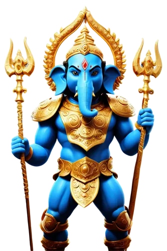 Vinayaka, Hindu god, 3D illustration, detailed ornaments, golden armor, blue skin, sharp teeth, fierce eyes, multiple arms, holding weapons, angry expression, dramatic lighting, high contrast, cinemat