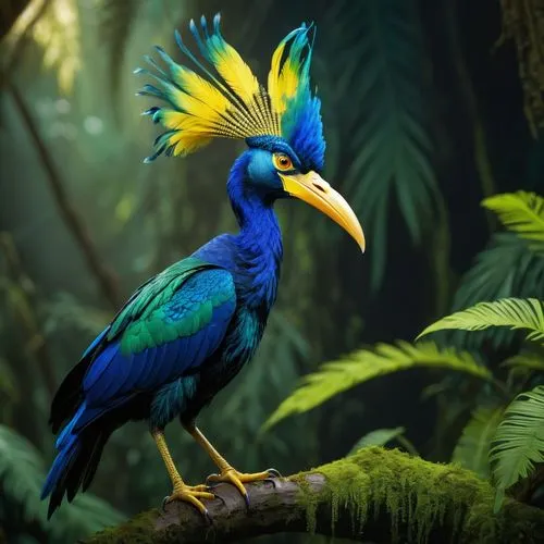 Photorealistic lifelike 4K image In the jungle of a non-terrestrial planet of a very original and unique non-terrestrial avian creature that definitely does not look like any terrestrial bird with iri