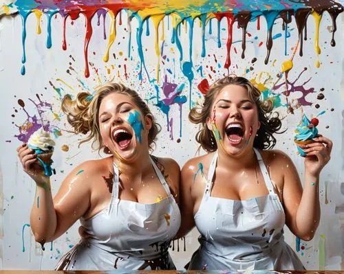 0407 zwei mollige junge frauen sind in einer bäckerei. sie lachen. sie bewerfen sich gegenseitigen mit torten. beide sind komplett mit sahne bedeckt und beide sind mit tortenstücken bedeckt. ihre gesi