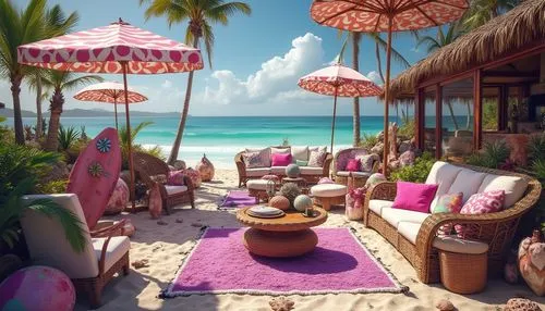 Eclectic beach scene, vibrant purple accents, colorful seashells, starfish, and driftwood, mixed patterns and textures, distressed wooden signs, rusty metal lanterns, wicker furniture with plush cushi