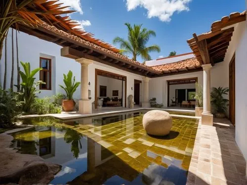 DISEÑO DE UNA CASA ESTILO MEXICANO MODERNO, CON UN CLAUSTRO CONFORMADO POR UNA TERRAZA  A BASE DE VIGAS DE MADERA, TEJA, COLUMNAS REDONDAS, EN EL CENTRO UN ESPEJO DE AGUA, CON EL ESTILO DE LA ARQUITEC