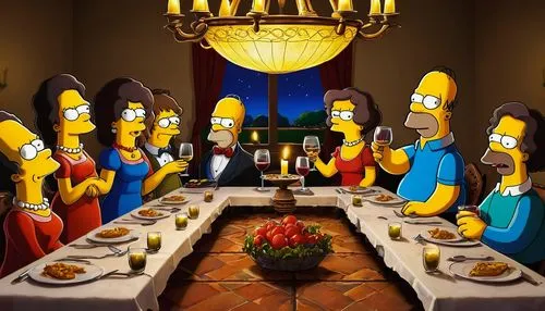 The Simpsons, Last Supper parody, dinner table setting, Marge, Homer, Bart, Lisa, Maggie, yellow skin tone, blue shirts, red dresses, messy hair, exhausted faces, empty plates, wine glasses, candles l