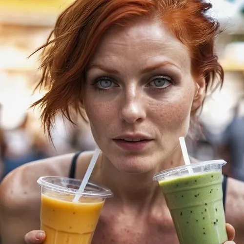 a 40 year old redhead beautiful woman dripping sweat drops next to many empty, dirty smoothie cups,green juice,woman drinking coffee,woman with ice-cream,smoothie,diet icon,woman at cafe,green smoothi