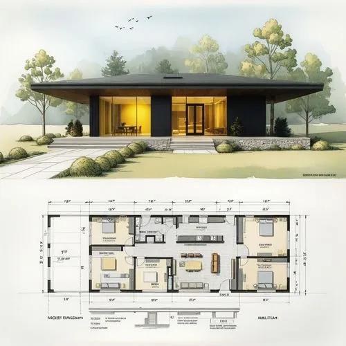 Corresponding to the spatial pattern of the building wall line plan below, a one-story modern building is generated. Please use the rendering output for yellow dim lighting at indoor points.,the plans