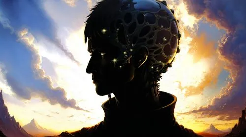 mesmerizing fracta,the silhouette of a person with an open helmet on,silhouette of man,man silhouette,sun god,abhisheka,sun king,zenyatta,Illustration,Realistic Fantasy,Realistic Fantasy 18