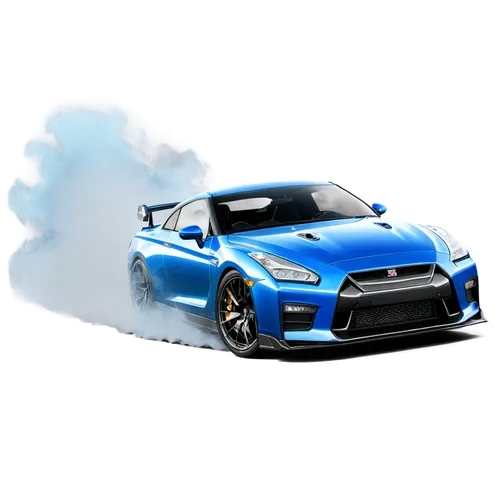 Drift car, sports car, racing car, Nissan GT-R, blue metallic paint, shiny surface, spoiler, alloy wheels, low-angle shot, dynamic motion blur, speed lines, smoke effect, asphalt road, cloudy sky, dra