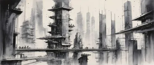 arcology,pillars,spires,spire,unbuilt,coruscant,obelisks,monoliths,columns,undercity,industrial ruin,industrial landscape,destroyed city,environments,sulaco,density,ruins,towers,sentinels,ancient city,Illustration,Paper based,Paper Based 30