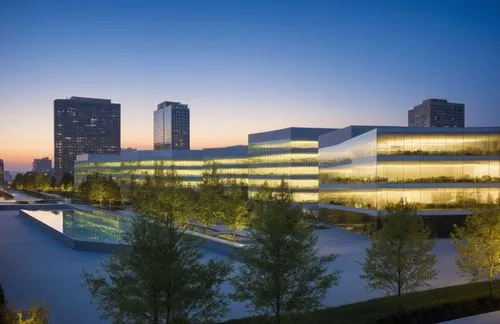 white tile, modern, multi-story, office building,  reflective glass, and silver aluminum glazing, glass with reflections, large reflecting pool with fountain in front of building cityscape, concrete d