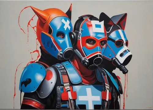 cyberdog,jackals,painted horse,respirator,electric donkey,mandalorian,color dogs,polychromed,respirators,unmuzzled,doberman,covid-19 mask,red and blue,lykos,muzzles,wreck self,ffp2 mask,koons,arcee,dobie,Illustration,Realistic Fantasy,Realistic Fantasy 24